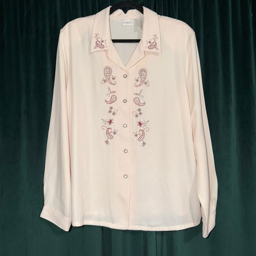 Vintage Koret Embroidered Button Down Blouse Light Pink Size 16 - Picture 1 of 4